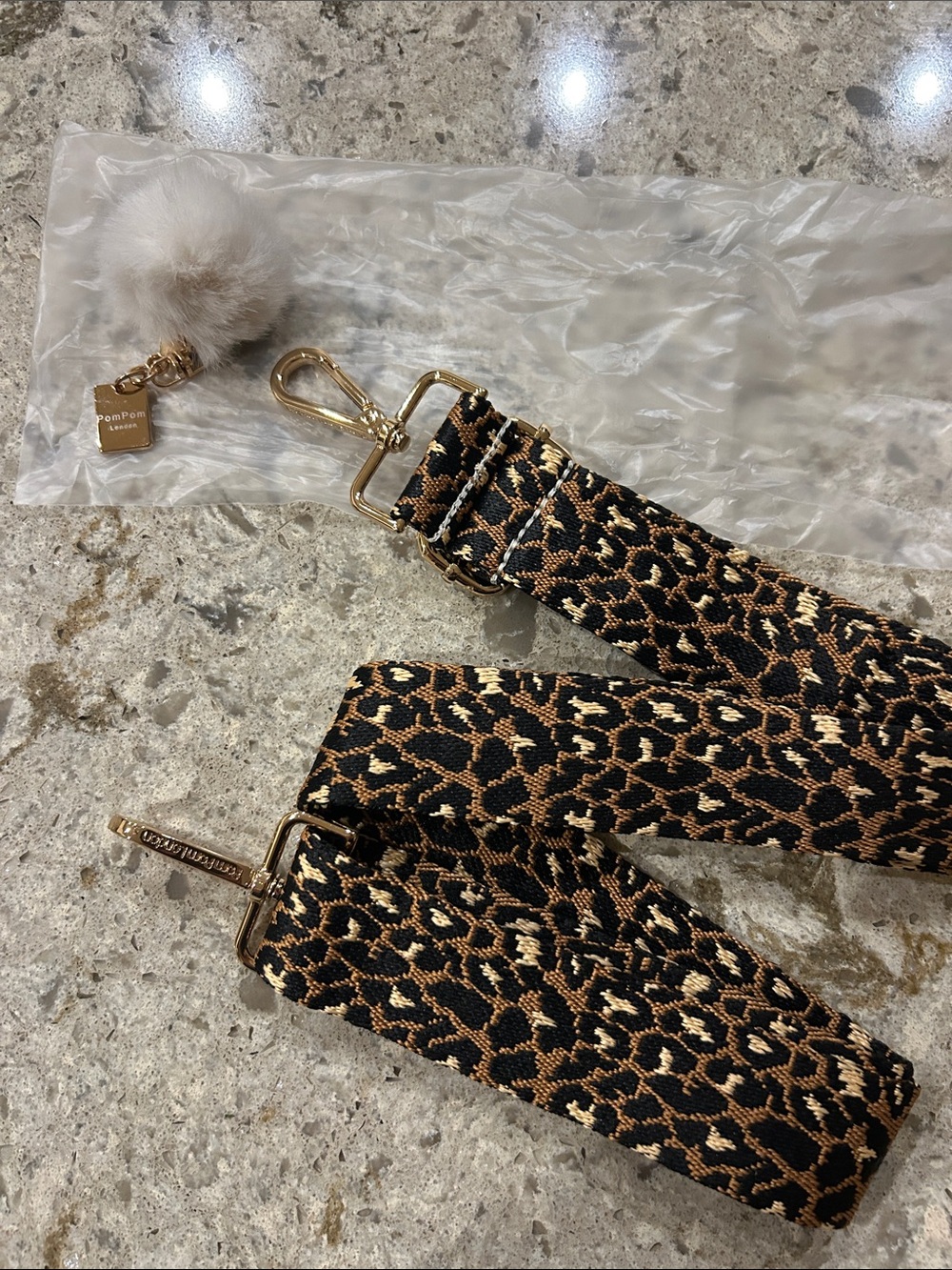 Pom Pom London Leopard Print Bag Strap with Gold Hardware and Pom Charm